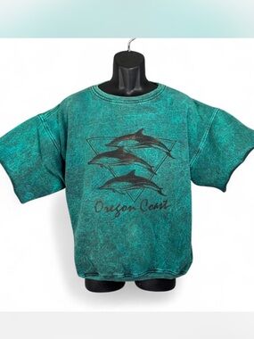 Vintage Oregon Coast 90s Y2K Teal dolphin graphic cropped sleeve sweatshirt XL